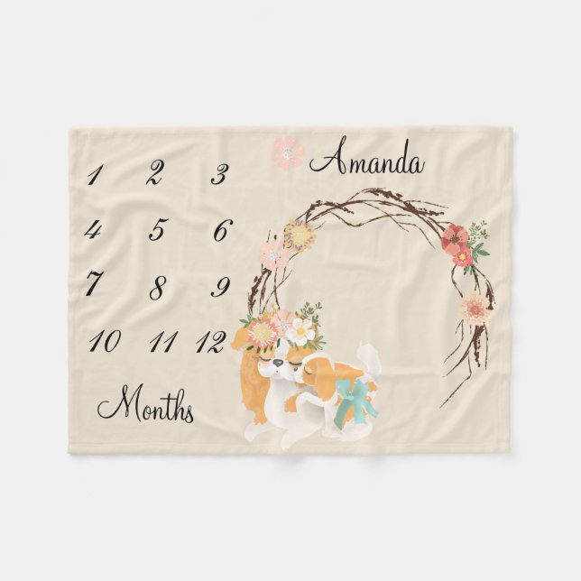 Milestone Rosa  Mammahund Valp Baby Souvenir Fleecefilt (Framsidan (Horisontell))