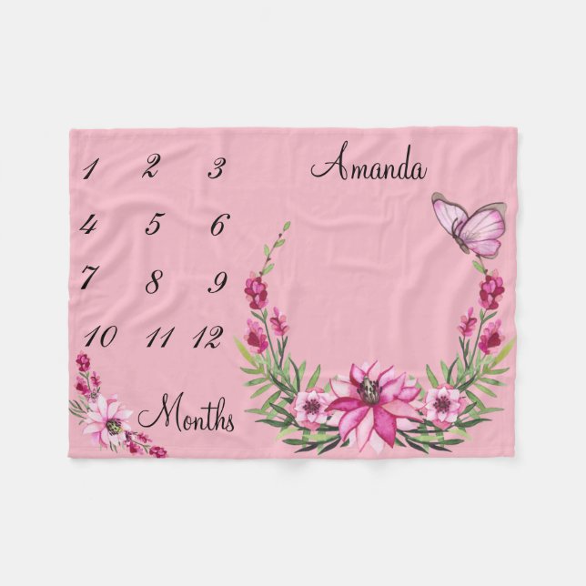 Milestone Rosa Watercolor Wandeand Baby Keepsak Fleecefilt (Framsidan (Horisontell))