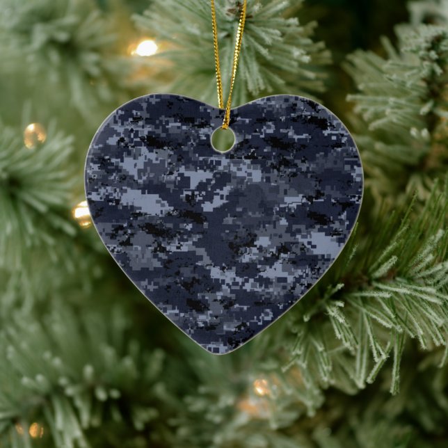Miliatry Blue Camouflage Porcelain Heart Ornament (Träd)
