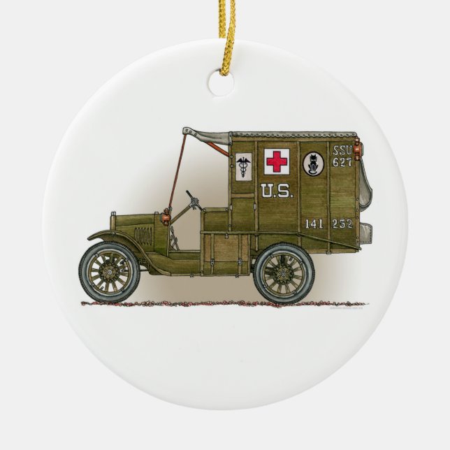 Militär ambulansprydnad för vintage julgransprydnad keramik (Framsidan)