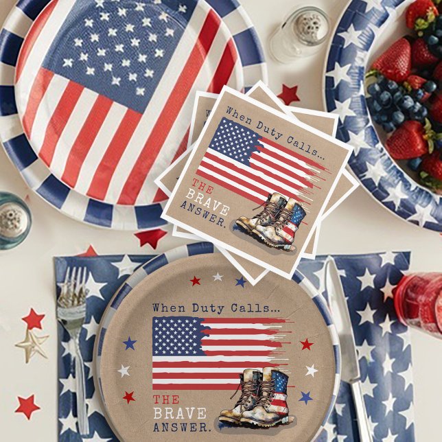 Militär amerikansk Flagga Boots RUSTIC på väg bort Pappersservett (Patriotic Military Party US Flag Combat Boots going away farewell party table decor plates napkins)