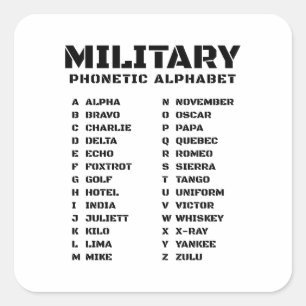 Militär fonetisk alfabet fyrkantigt klistermärke