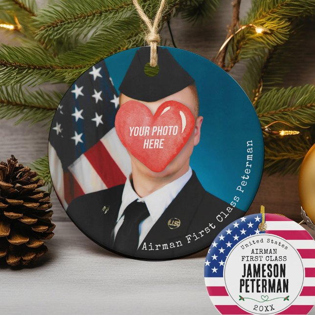 Militär julgåva Airman Photo Soldier Namn Julgransprydnad Keramik (Airman, Soldier, Marine, Sailor, Seabee, Guardian, Patriotic USA Flag Military Mom Christmas gift)
