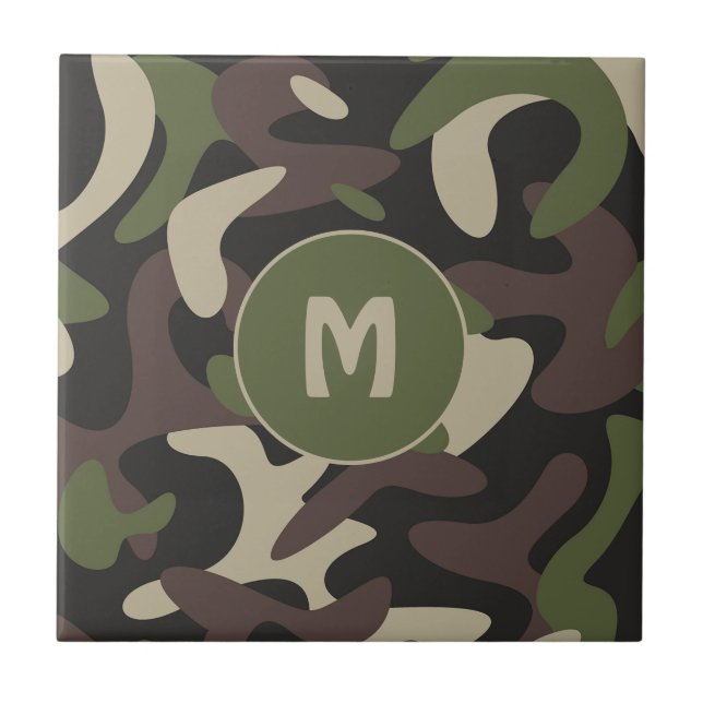 Militär kamouflage Grönt Brown Mönster Monogram Kakelplatta (Framsidan)