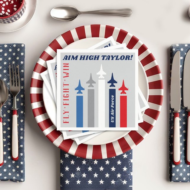 Militär Luft-styrka Jet Flygplan går ut över Party Pappersservett (Air Force Airman Name jet planes paper napkins patriotic military going away party table decorations)