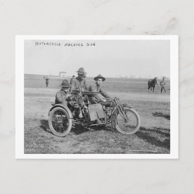 Militär motorcykel med Sidecar och Maskin Gun Vykort (Framsida)