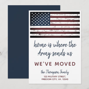 Militär PCS Move Vi har flyttat Army American Flag Meddelande