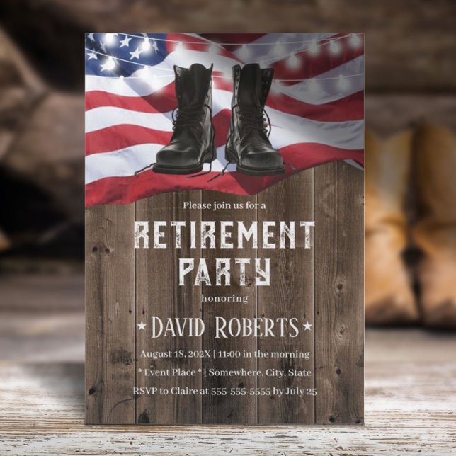 Militär Pension Party Rustic Wood USA flagga Inbjudningar (Skapare uppladdad)