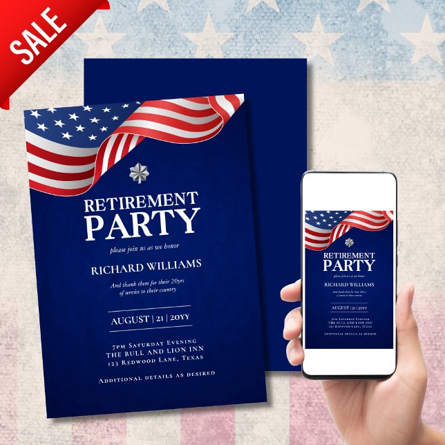 MILITÄR PENSION Silver Oak Löv Major US FLAGGA Inbjudningar (Skapare uppladdad)