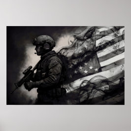 Militär Rök Tusch Amerikansk Flagga Svart & Vitt K Poster