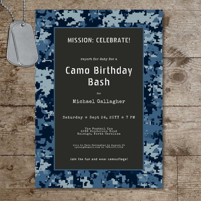 Militär soldat Blue Camouflage Birthday Inbjudningar (Military Soldier Blue Camouflage Birthday Invitation)