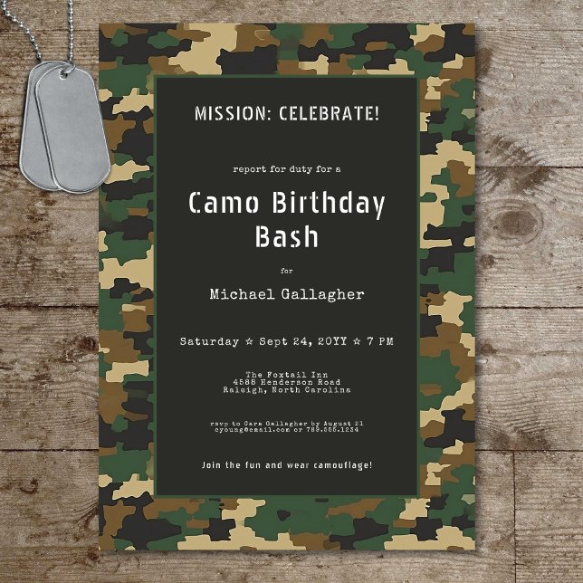 Militär soldat Camouflage Birthday Inbjudningar (Military Soldier Camouflage Birthday Invitation)