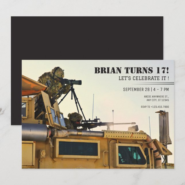 Militär soldat födelsedag inbjudningar (Fram/baksida)
