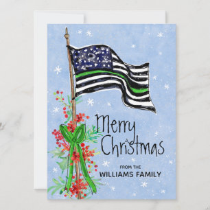 Militär Thin Grönt Line Flagga Holly Red Berries Julkort