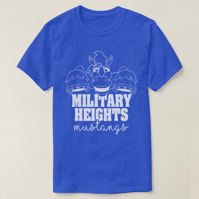 Militära höjder Mustangs vita på blå T Shirt (Design framsida)