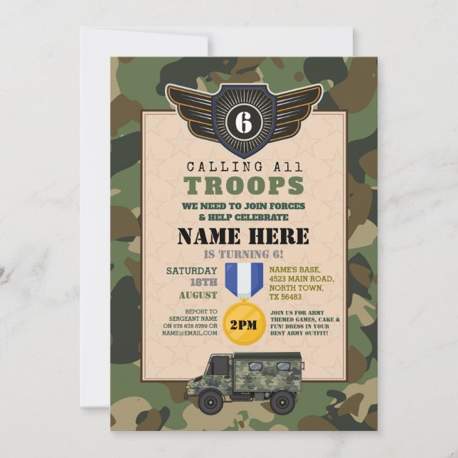 Militärarméns Födelsedagsfest Camo Inbjudningar (Framsida)