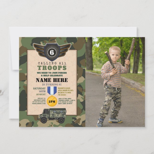 Militärarméns Födelsedagsfest Camo Inbjudningar (Framsida)