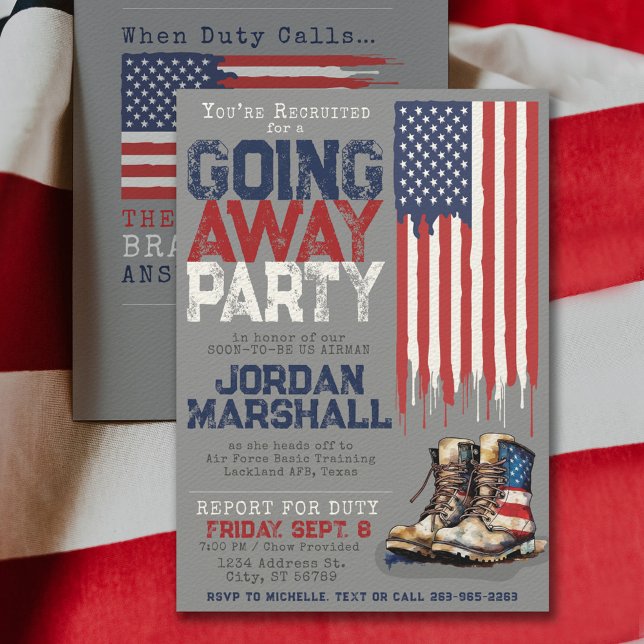 Militärstövlar Flagga GRÅ Avsked Avskedsfest Inbjudningar (Military going away farewell party invitation front and back with vintage combat boots & drip flag)