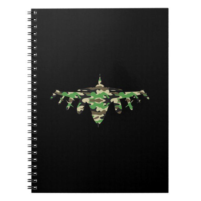 Militärt jetflyg kamouflage stridsflygplans silhue anteckningsbok (Framsidan)