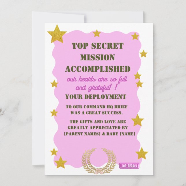Militärt tackkort — Rosa topphemlig tjej Inbjudningar (Framsida)
