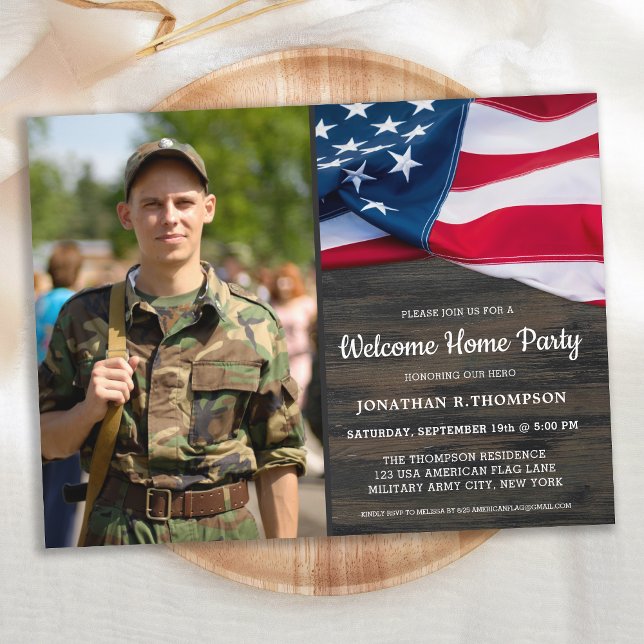 Militärt välkomsthem, Party, Amerikanska Flagga Inbjudan Vykort (Skapare uppladdad)