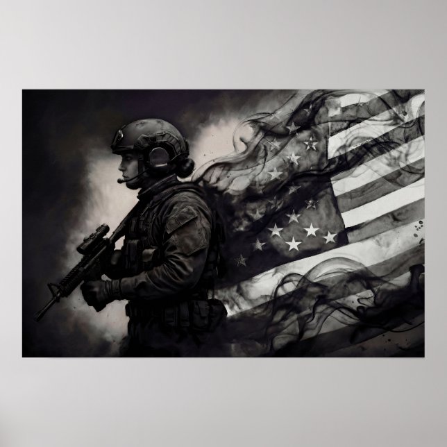 Military Female American Flag Smoke Ink Monochrome Poster (Framsidan)