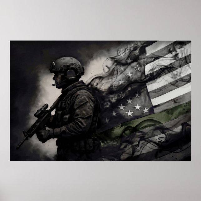 Military Green Line Tribute Smoke American Flag Poster (Framsidan)