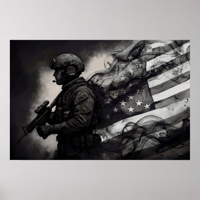 Military Smoke Ink American Flag Black & White Art Poster (Framsidan)