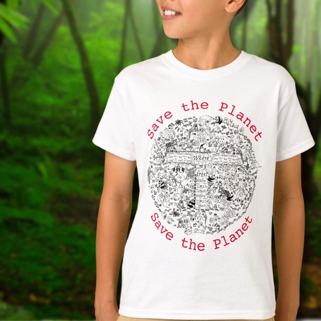 Miljöaktivism slogan Rädda planeten jorden T Shirt (Save the planet slogan endangered animals and trees earth illustration tshirt)