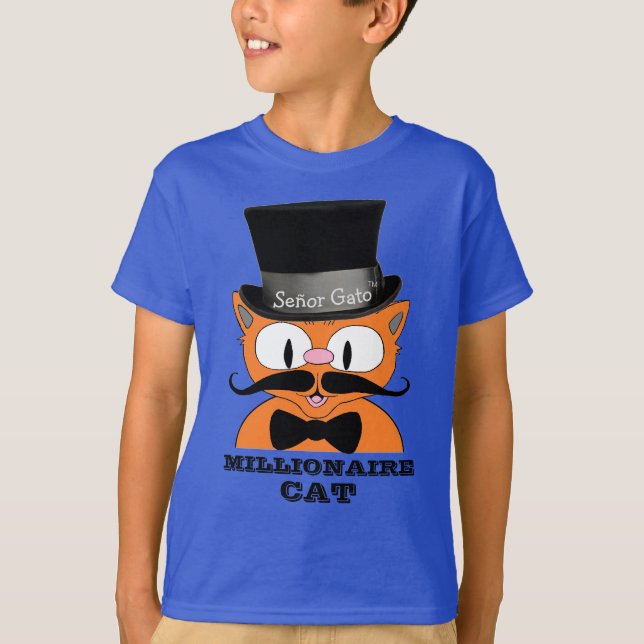MILJONÄR KATT Tecknad Mustasch Exklusiv Katt T Shirt (Framsida)