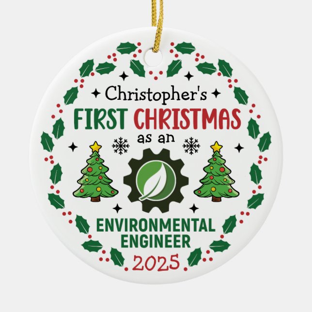 Miljövänlig Ingenjör: Anpassat namn för första jul Julgransprydnad Keramik (Framsidan)