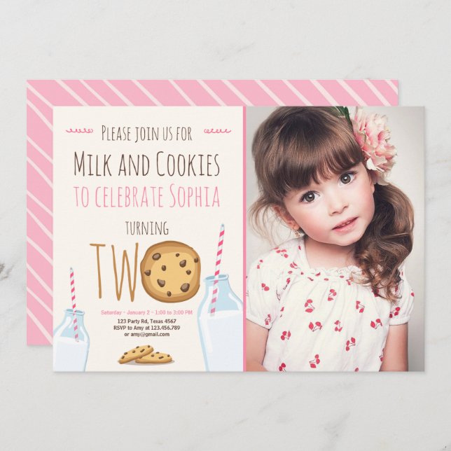 Milk och kakor tjej rosa andra födelsedag inbjudningar (Fram/baksida)