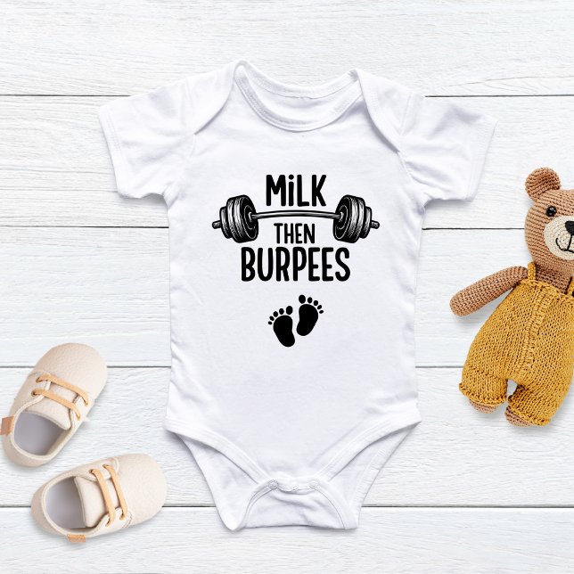 Milk then Burpees, Funny Baby, CrossFit Baby T Shirt (Skapare uppladdad)
