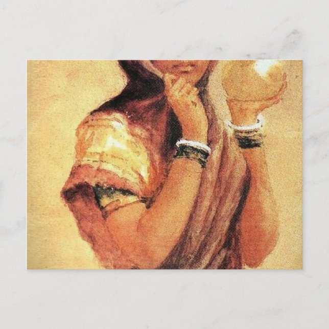 Milkmaid 1904 av Raja Ravi Varma Vykort (Framsida)