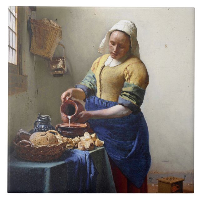 Milkmaiden, c.1658-60 (olja på kanfas) kakelplatta (Framsidan)