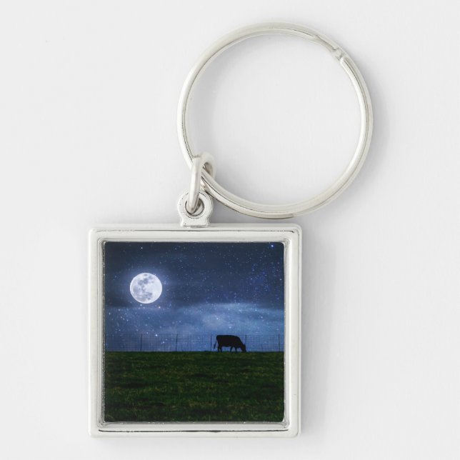 Milky Way Cattle Moonlight Fyrkantig Silverfärgad Nyckelring (Framsidan)