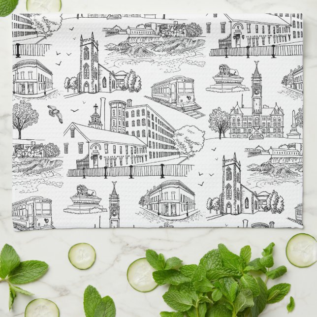 Mill City Toile (Lowell, MA) Svart/Vit Kökshandduk (Vikta)