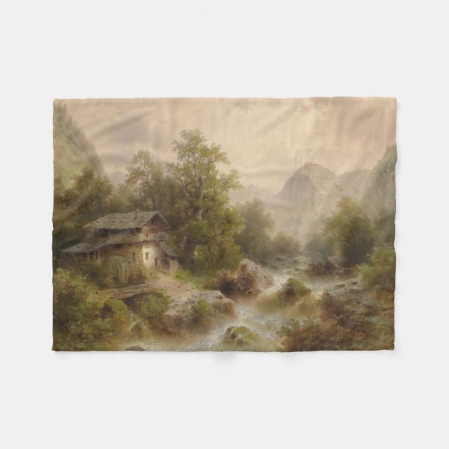 Mill på en Mountain Stream (av Albert Rieger) Fleecefilt (Framsidan (Horisontell))