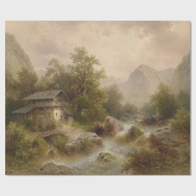Mill på en Mountain Stream (av Albert Rieger) Presentpapper (Platt)