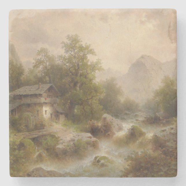 Mill på en Mountain Stream (av Albert Rieger) Stenunderlägg (Framsidan)
