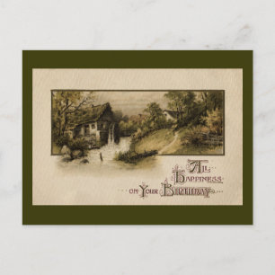 Mill WaterWheel Vintage Birthday Vykort