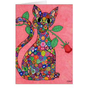 Millefiori Cat med Röd ros Hälsningskort