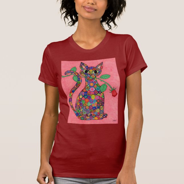 Millefiori Cat med Röd ros Tee Shirt (Framsida)