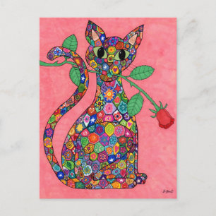 Millefiori Cat med Röd ros Vykort