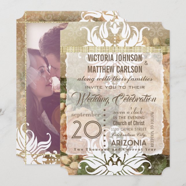 Millennieårig inbjudan till fotobröllop i Rosa ros (Fram/baksida)