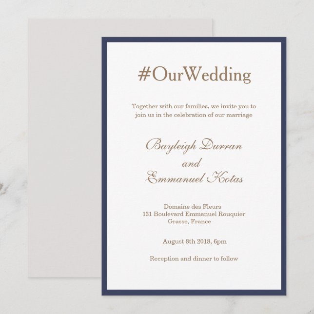 Millennietal Hashtag Navy Blue Guld White Bröllop Inbjudningar (Fram/baksida)