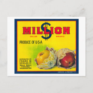 Million Dollar Apple Label - Walla Walla, WA Vykort