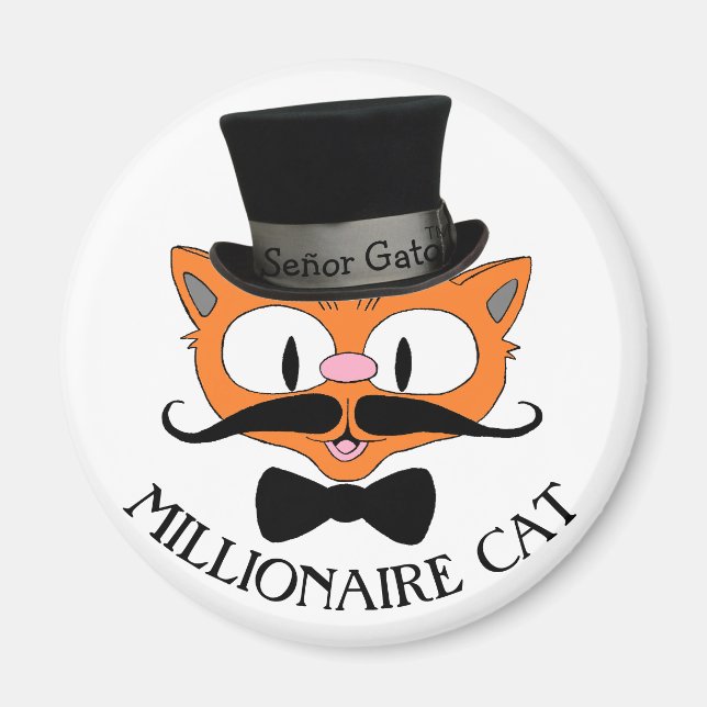 MILLIONAIRE CAT Mustache Cat med Top hat Magnet (Framsidan)