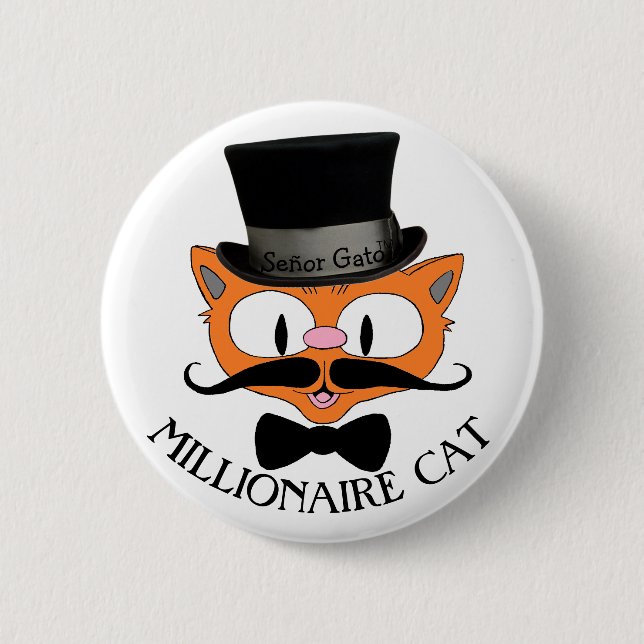 MILLIONAIRE CAT-Tecknad Mustache Cat med Top hat Knapp (Framsida)
