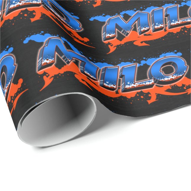 Milo Vorname Name Graffiti blue orange Presentpapper (Rullad Hörn)